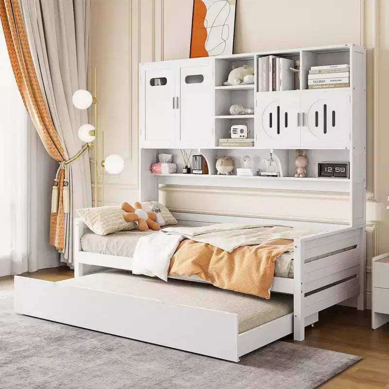 Divano letto matrimoniale/piazza e mezza con libreria contenitore, divano letto in legno con letto estraibile, divano letto in legno con contenitori a ripiani