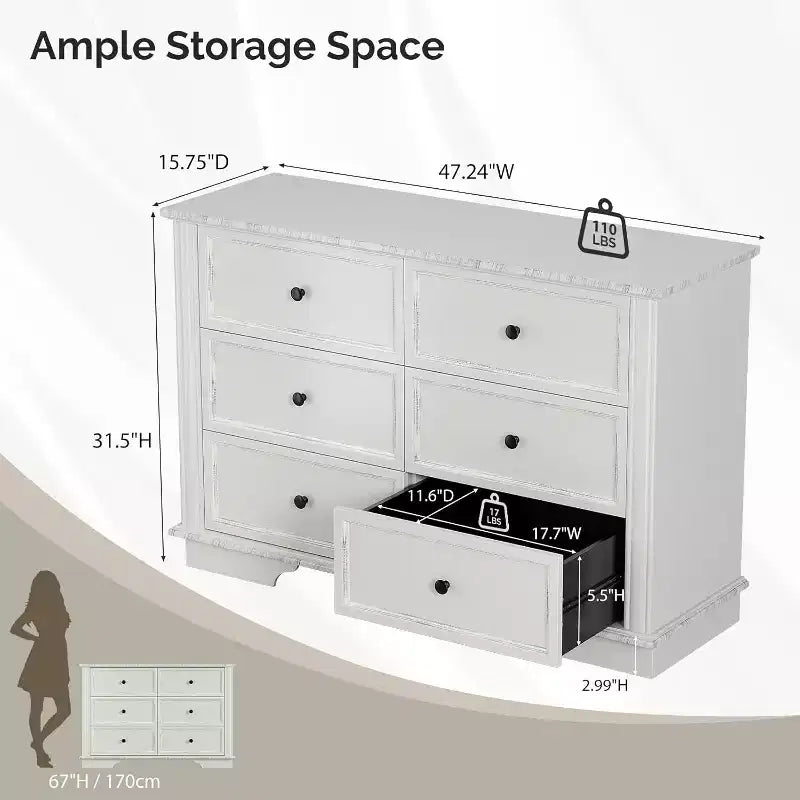 VINGLI Cassettiera Bianca a 6 Cassetti, Comò in Legno per Camera da Letto, Cassettiera