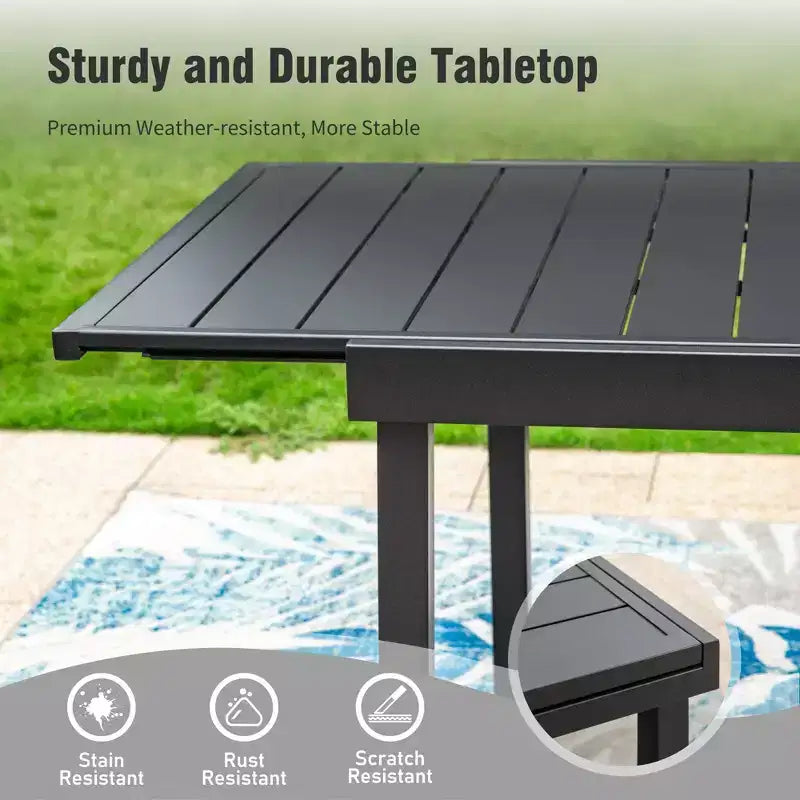 Captiva Designs Tavolo da pranzo rettangolare espandibile con piano a doghe in acciaio e 6 eleganti sedie in metallo con schienale, 7 pezzi per patio