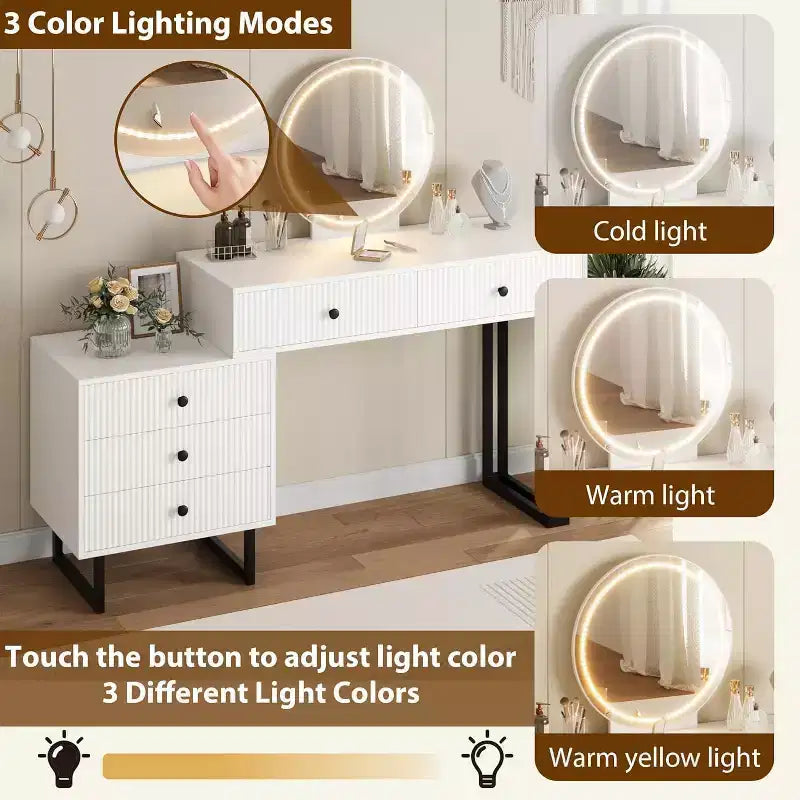 Toeletta con Specchio e Luci, Mobile Trucco 49,2H con 3 Luci Colorate e Luminosità Regolabile