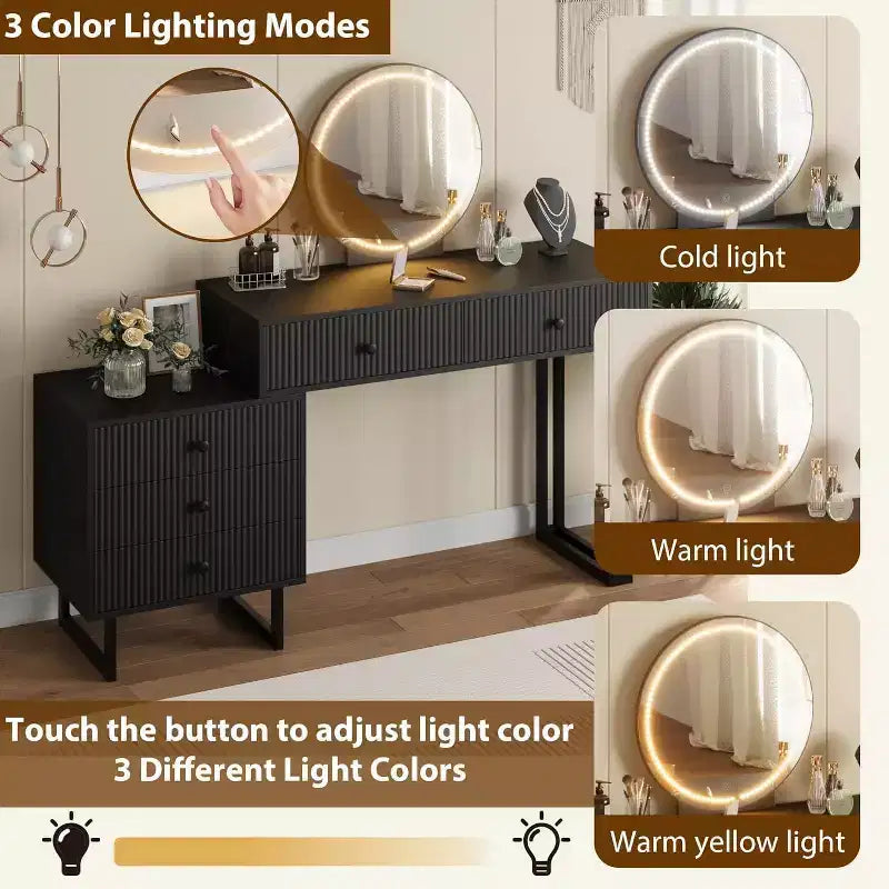 Toeletta con Specchio e Luci, Mobile Trucco 49,2H con 3 Luci Colorate e Luminosità Regolabile