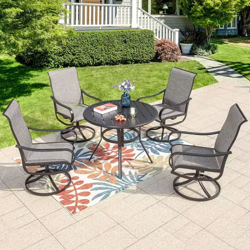 Captiva Designs 5pc Outdoor Patio Slat-top Black Round Dining Steel Table & Steel Frame Sling Chairs