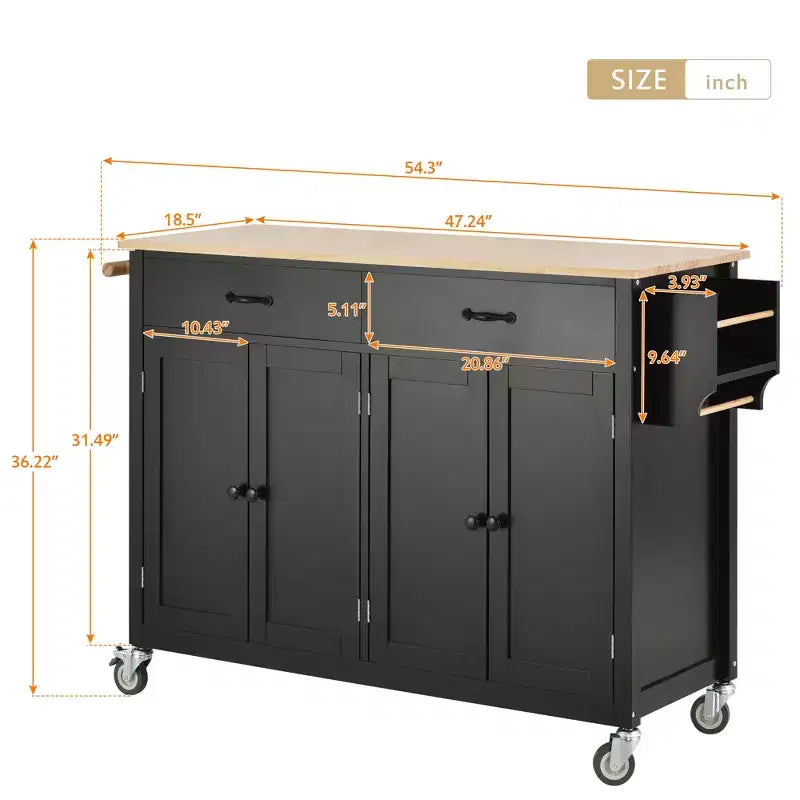 JVNOXK-Carrello da cucina con ripiano in legno massello e ruote bloccabili, larghezza 137,9 cm, armadietto a 4 ante e due cassetti, portaspezie, nero