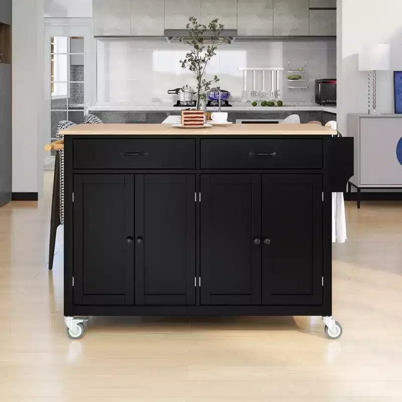 JVNOXK-Carrello da cucina con ripiano in legno massello e ruote bloccabili, larghezza 137,9 cm, armadietto a 4 ante e due cassetti, portaspezie, nero
