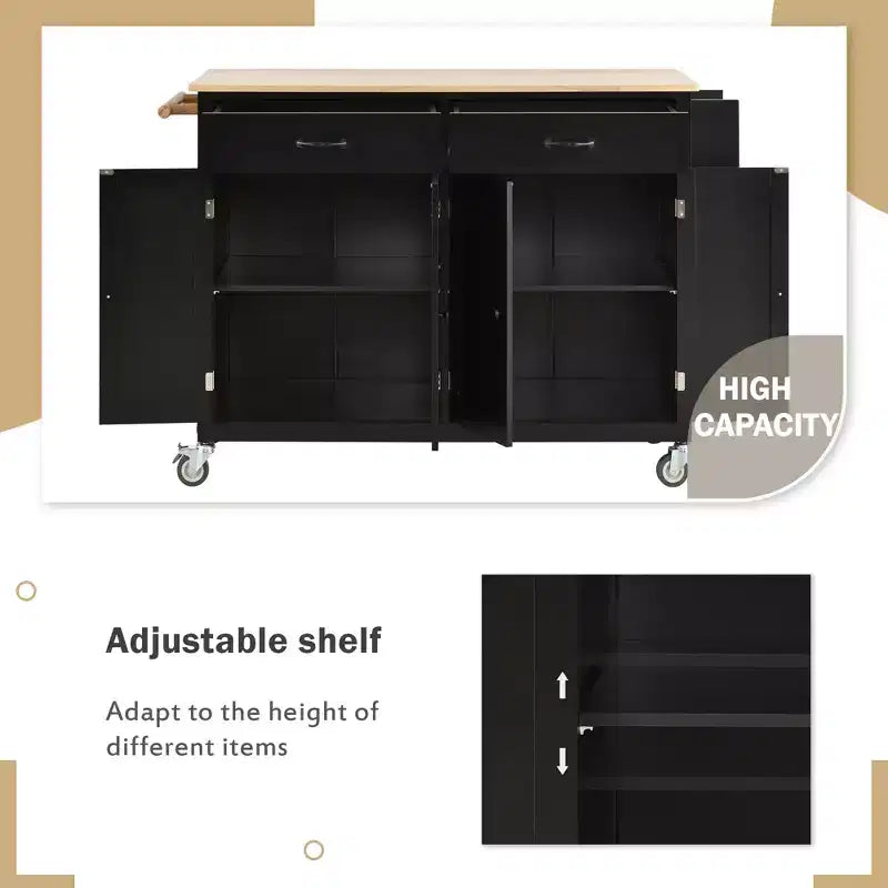 JVNOXK-Carrello da cucina con ripiano in legno massello e ruote bloccabili, larghezza 137,9 cm, armadietto a 4 ante e due cassetti, portaspezie, nero