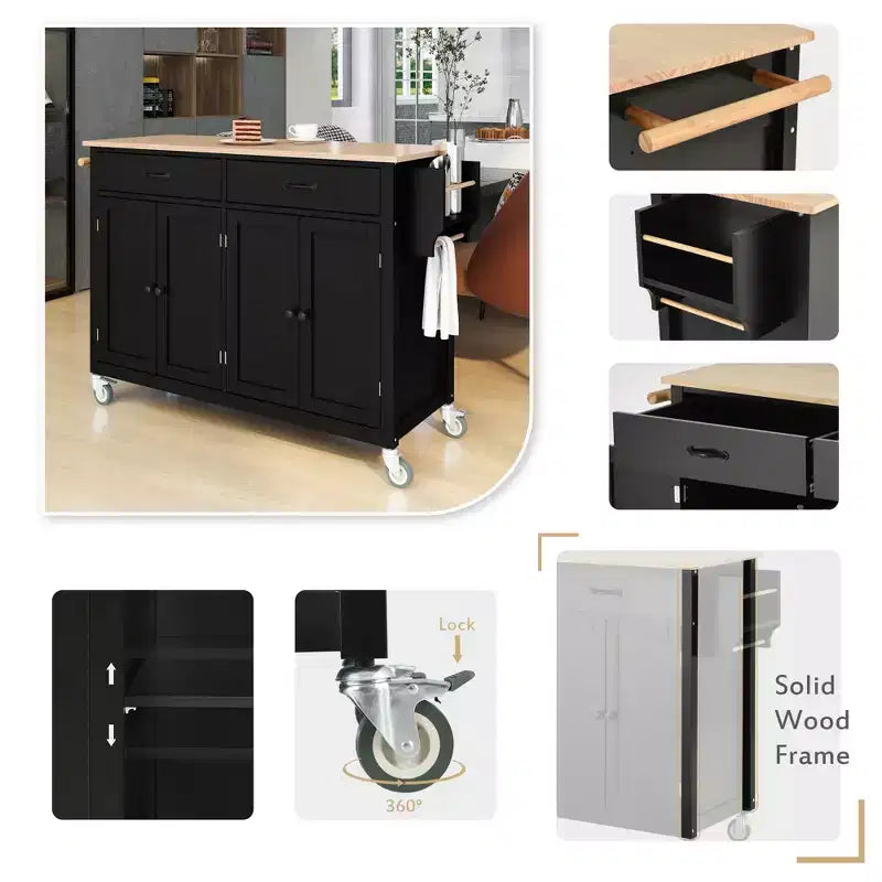 JVNOXK-Carrello da cucina con ripiano in legno massello e ruote bloccabili, larghezza 137,9 cm, armadietto a 4 ante e due cassetti, portaspezie, nero