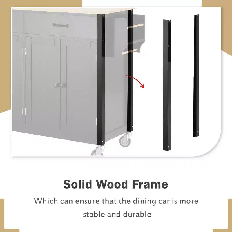 JVNOXK-Carrello da cucina con ripiano in legno massello e ruote bloccabili, larghezza 137,9 cm, armadietto a 4 ante e due cassetti, portaspezie, nero