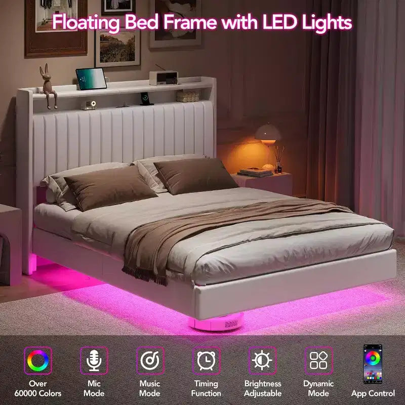 Acekool Letto a Sospensione con Stazione di Ricarica USB, Letto a Piattaforma Imbottito con Contenitore sulla Testiera e Illuminazione a LED Soffusa