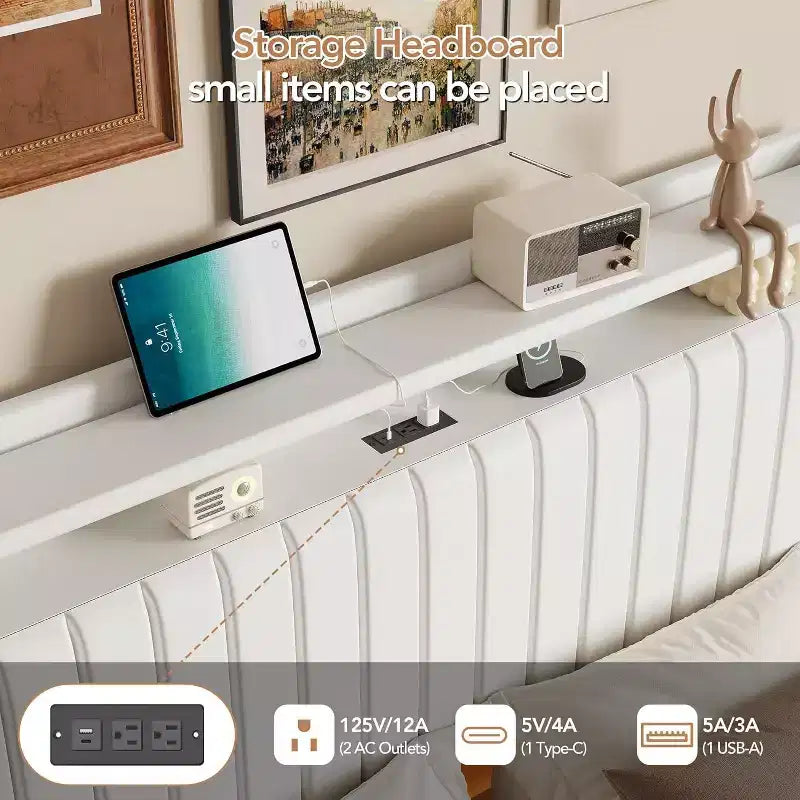 Acekool Letto a Sospensione con Stazione di Ricarica USB, Letto a Piattaforma Imbottito con Contenitore sulla Testiera e Illuminazione a LED Soffusa