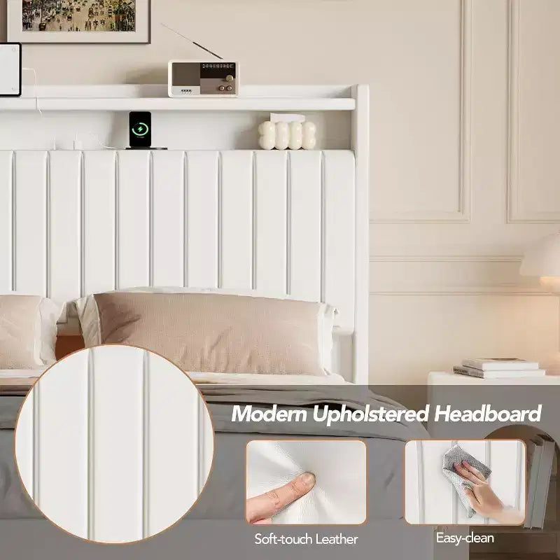 Acekool Letto a Sospensione con Stazione di Ricarica USB, Letto a Piattaforma Imbottito con Contenitore sulla Testiera e Illuminazione a LED Soffusa