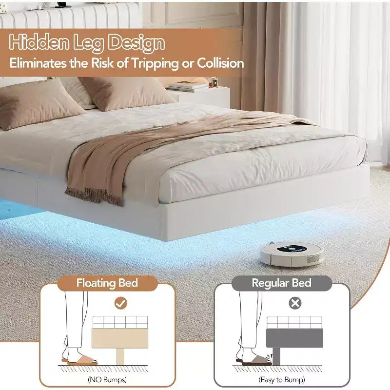 Acekool Letto a Sospensione con Stazione di Ricarica USB, Letto a Piattaforma Imbottito con Contenitore sulla Testiera e Illuminazione a LED Soffusa
