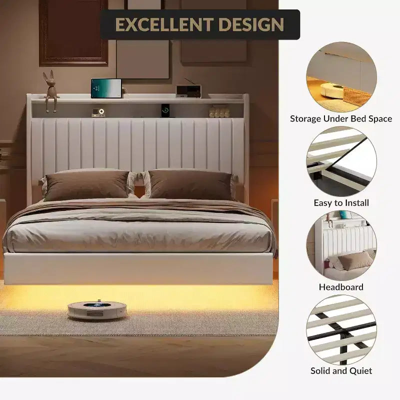 Acekool Letto a Sospensione con Stazione di Ricarica USB, Letto a Piattaforma Imbottito con Contenitore sulla Testiera e Illuminazione a LED Soffusa