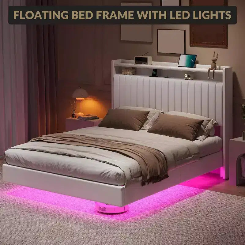 Acekool Letto a Sospensione con Stazione di Ricarica USB, Letto a Piattaforma Imbottito con Contenitore sulla Testiera e Illuminazione a LED Soffusa