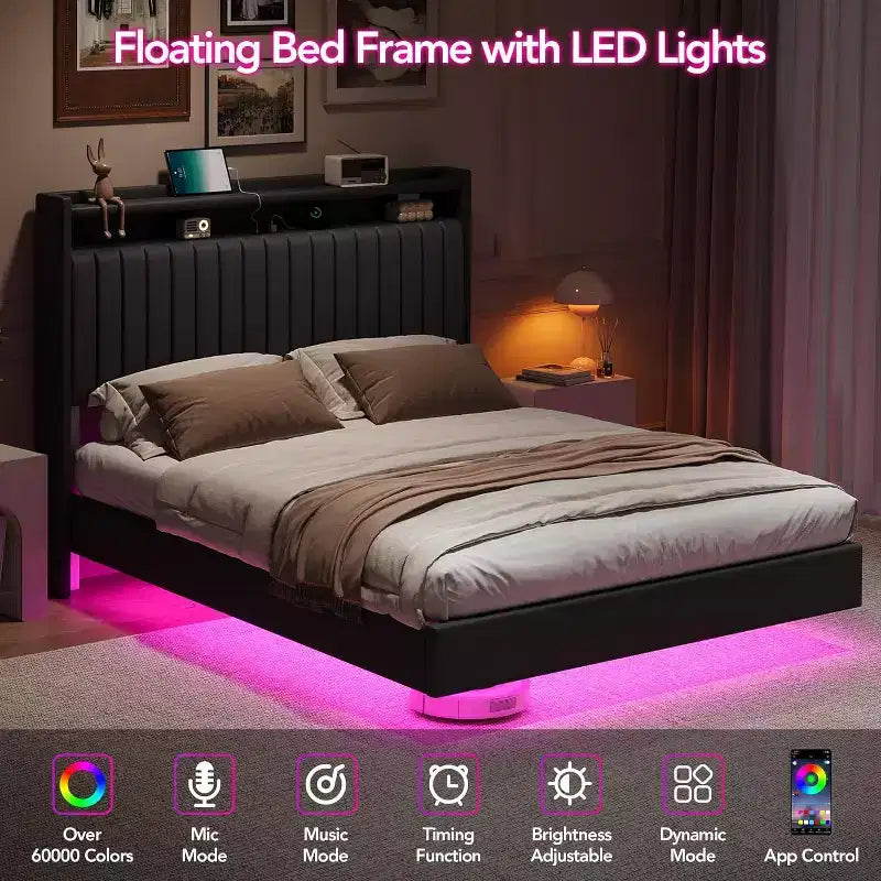 Acekool Letto a Sospensione con Stazione di Ricarica USB, Letto a Piattaforma Imbottito con Contenitore sulla Testiera e Illuminazione a LED Soffusa