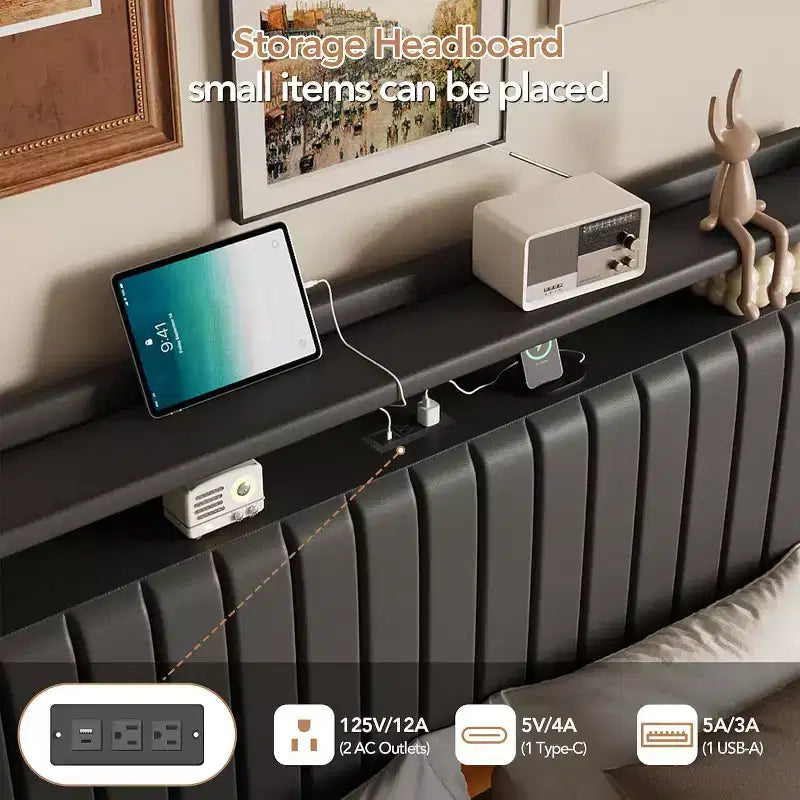 Acekool Letto a Sospensione con Stazione di Ricarica USB, Letto a Piattaforma Imbottito con Contenitore sulla Testiera e Illuminazione a LED Soffusa