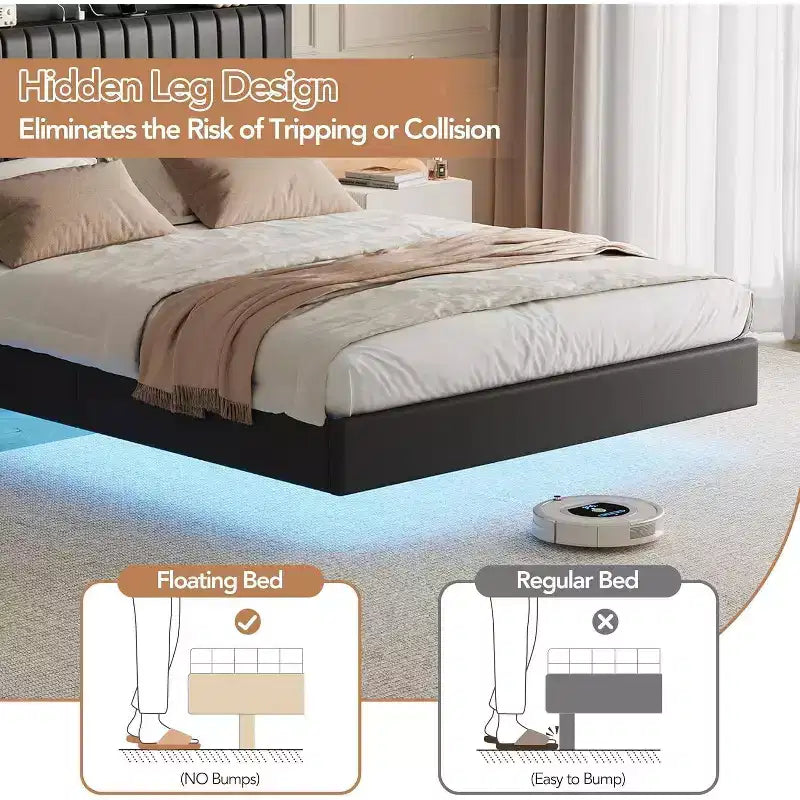 Acekool Letto a Sospensione con Stazione di Ricarica USB, Letto a Piattaforma Imbottito con Contenitore sulla Testiera e Illuminazione a LED Soffusa