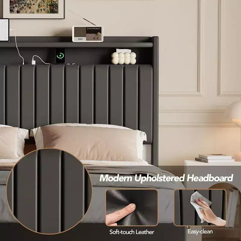 Acekool Letto a Sospensione con Stazione di Ricarica USB, Letto a Piattaforma Imbottito con Contenitore sulla Testiera e Illuminazione a LED Soffusa