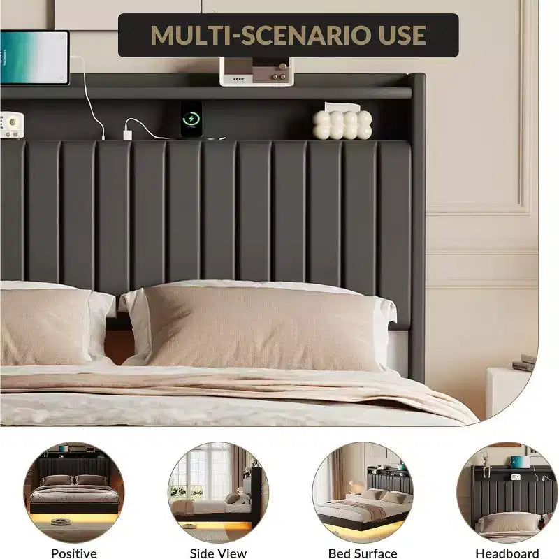 Acekool Letto a Sospensione con Stazione di Ricarica USB, Letto a Piattaforma Imbottito con Contenitore sulla Testiera e Illuminazione a LED Soffusa
