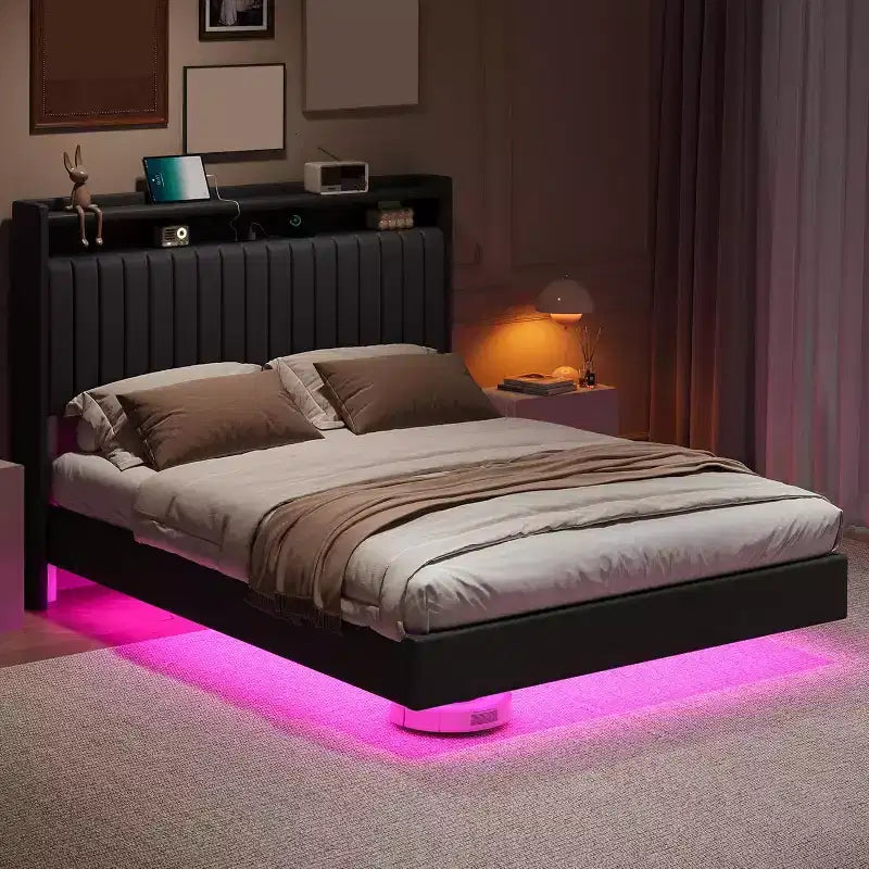 Acekool Letto a Sospensione con Stazione di Ricarica USB, Letto a Piattaforma Imbottito con Contenitore sulla Testiera e Illuminazione a LED Soffusa