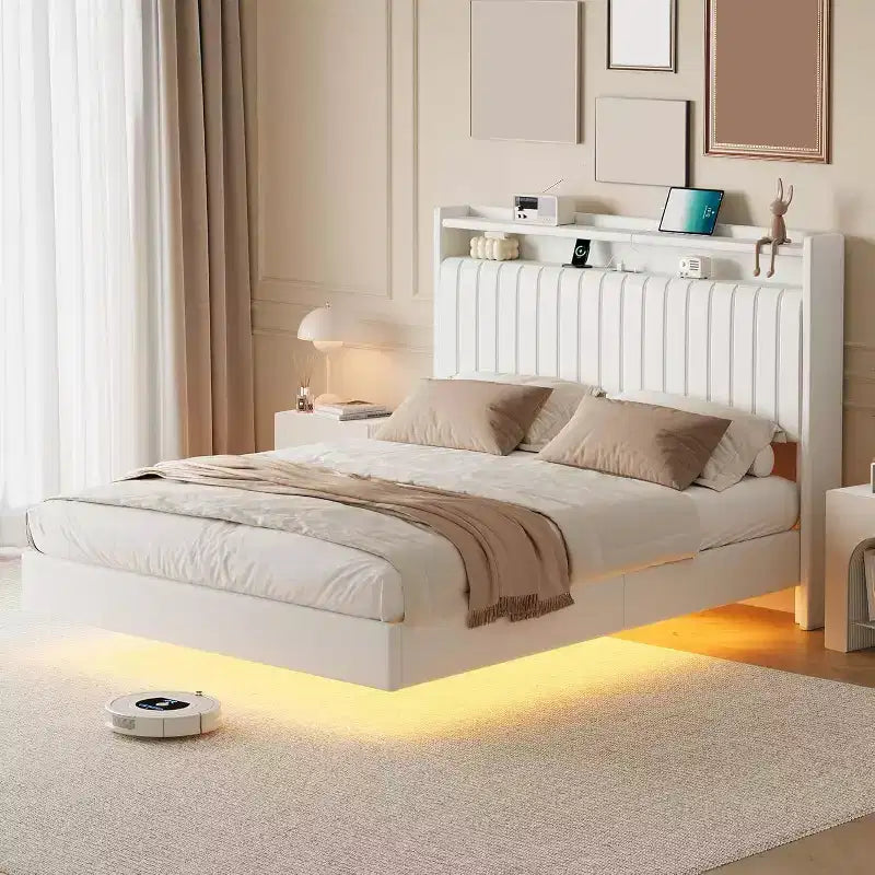 Acekool Letto a Sospensione con Stazione di Ricarica USB, Letto a Piattaforma Imbottito con Contenitore sulla Testiera e Illuminazione a LED Soffusa