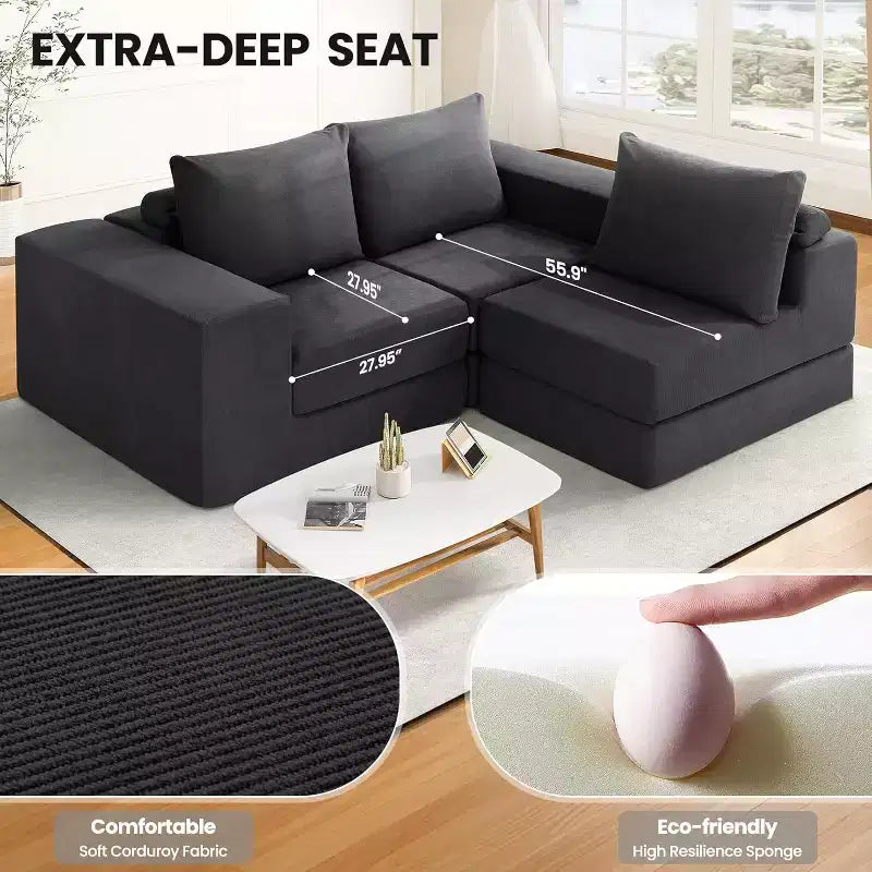 Homdox 110 Divano Letto Cloud a 3 Posti con Seduta Profonda e Base Antiscivolo, Chaise Longue a L per Soggiorno, Nessun Montaggio Richiesto,
