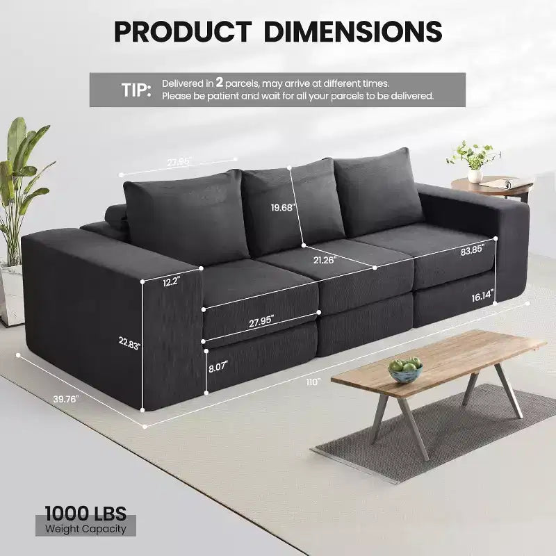 Homdox 110 Divano Letto Cloud a 3 Posti con Seduta Profonda e Base Antiscivolo, Chaise Longue a L per Soggiorno, Nessun Montaggio Richiesto,