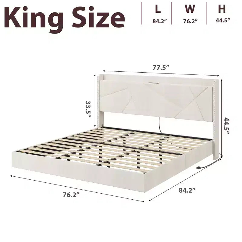 Struttura letto king size con luci e stazione di ricarica, letto a piattaforma imbottito, testiera con vani portaoggetti, design capitonné, non è richiesto il materasso a molle.