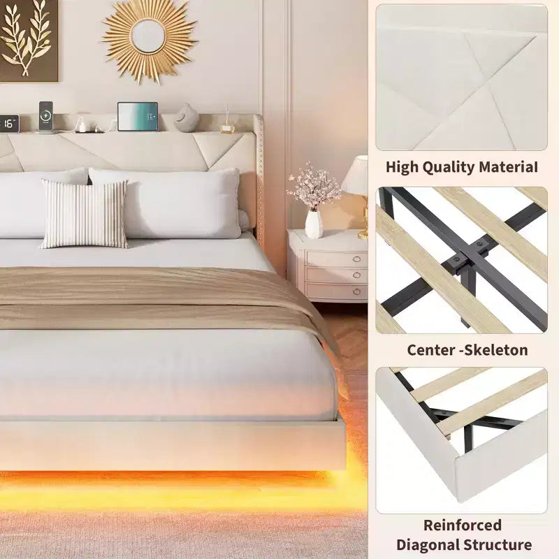 Struttura letto king size con luci e stazione di ricarica, letto a piattaforma imbottito, testiera con vani portaoggetti, design capitonné, non è richiesto il materasso a molle.