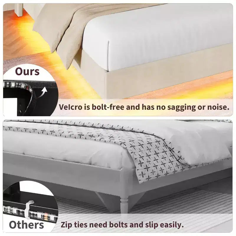 Struttura letto king size con luci e stazione di ricarica, letto a piattaforma imbottito, testiera con vani portaoggetti, design capitonné, non è richiesto il materasso a molle.