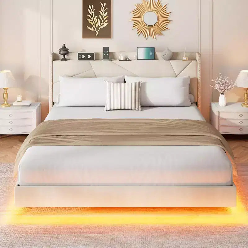 Struttura letto king size con luci e stazione di ricarica, letto a piattaforma imbottito, testiera con vani portaoggetti, design capitonné, non è richiesto il materasso a molle.