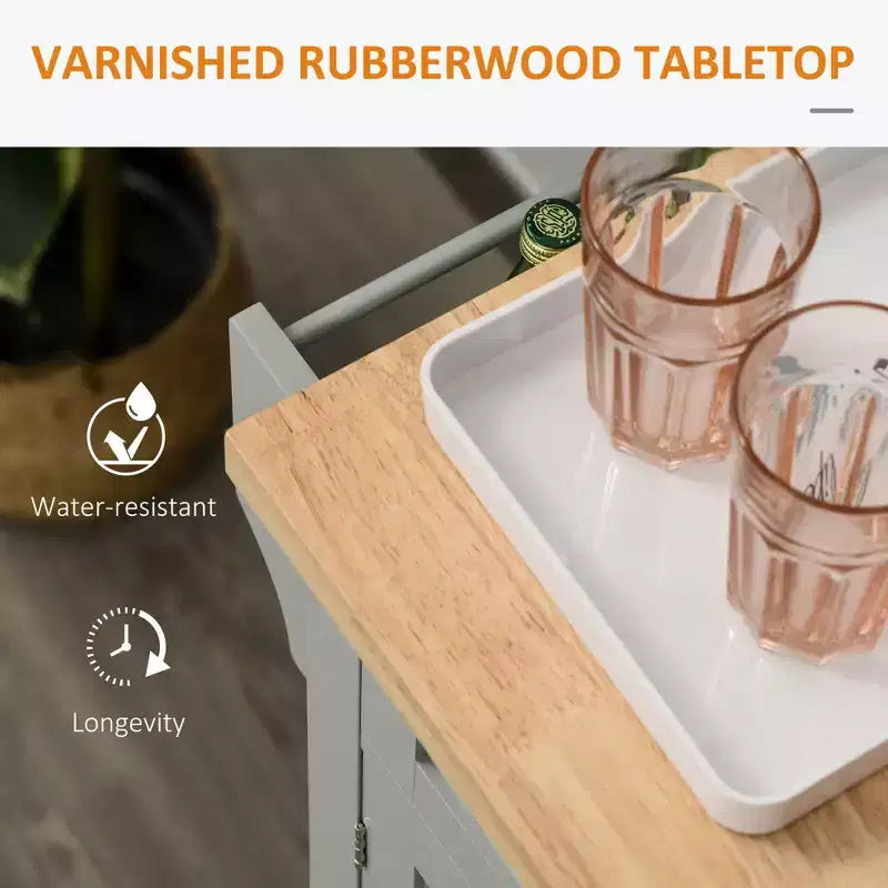 Isola per Cucina Okak Farmhouse con Piano in Legno di Caucciù, Carrello da Cucina con Porta Spezie, Porta Asciugamani e Cassetti, Organizer da Appoggio per Cucina