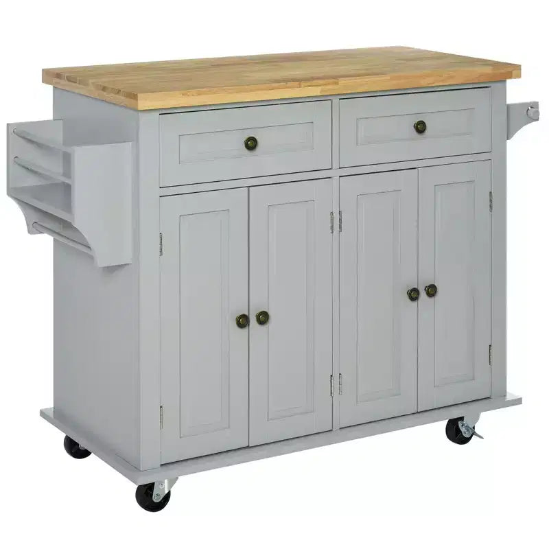 Isola per Cucina Okak Farmhouse con Piano in Legno di Caucciù, Carrello da Cucina con Porta Spezie, Porta Asciugamani e Cassetti, Organizer da Appoggio per Cucina