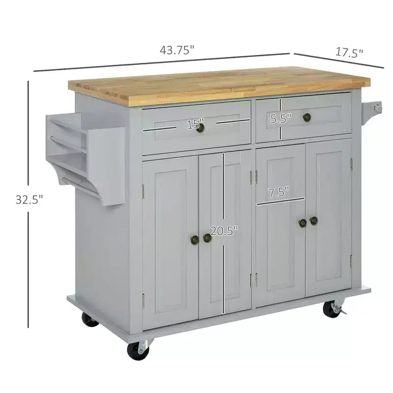 Isola per Cucina Okak Farmhouse con Piano in Legno di Caucciù, Carrello da Cucina con Porta Spezie, Porta Asciugamani e Cassetti, Organizer da Appoggio per Cucina