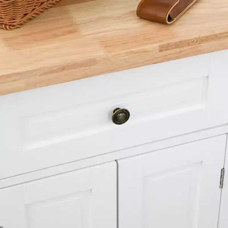 Isola per Cucina Okak Farmhouse con Piano in Legno di Caucciù, Carrello da Cucina con Porta Spezie, Porta Asciugamani e Cassetti, Organizer da Appoggio per Cucina