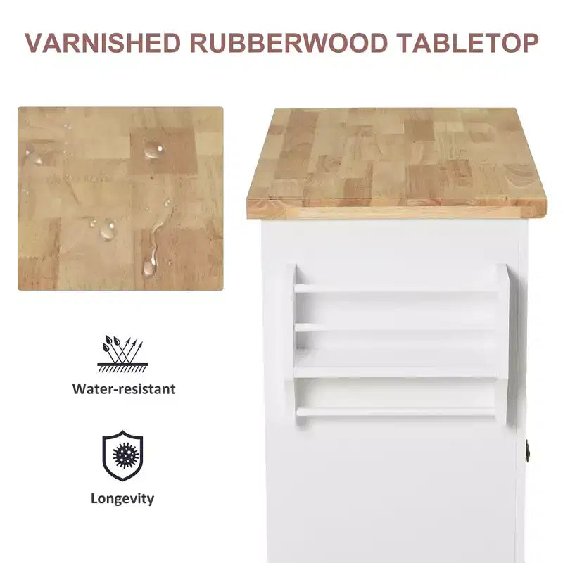 Isola per Cucina Okak Farmhouse con Piano in Legno di Caucciù, Carrello da Cucina con Porta Spezie, Porta Asciugamani e Cassetti, Organizer da Appoggio per Cucina