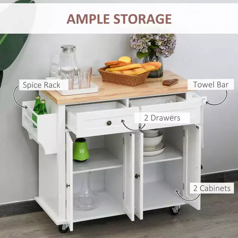 Isola per Cucina Okak Farmhouse con Piano in Legno di Caucciù, Carrello da Cucina con Porta Spezie, Porta Asciugamani e Cassetti, Organizer da Appoggio per Cucina