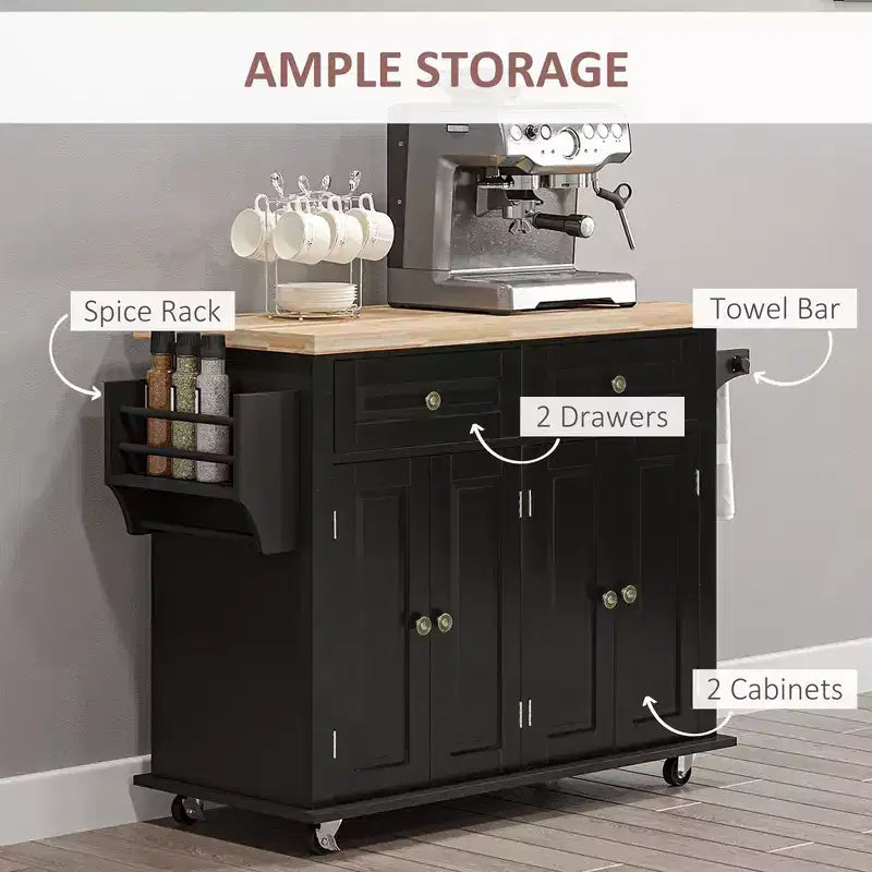 Isola per Cucina Okak Farmhouse con Piano in Legno di Caucciù, Carrello da Cucina con Porta Spezie, Porta Asciugamani e Cassetti, Organizer da Appoggio per Cucina