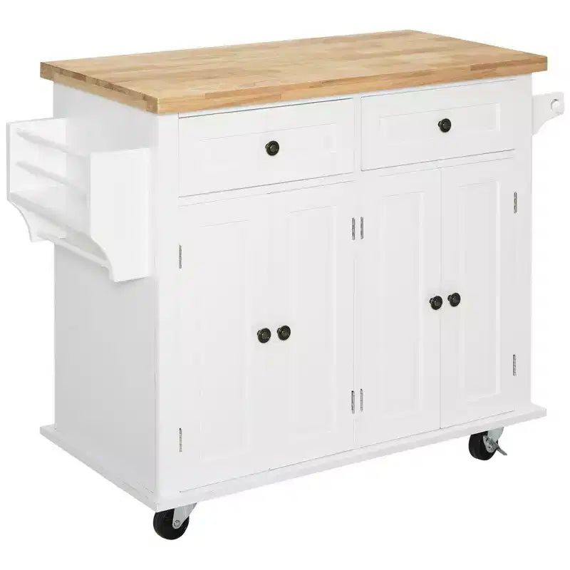 Isola per Cucina Okak Farmhouse con Piano in Legno di Caucciù, Carrello da Cucina con Porta Spezie, Porta Asciugamani e Cassetti, Organizer da Appoggio per Cucina