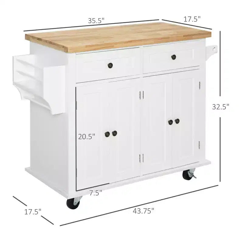 Isola per Cucina Okak Farmhouse con Piano in Legno di Caucciù, Carrello da Cucina con Porta Spezie, Porta Asciugamani e Cassetti, Organizer da Appoggio per Cucina