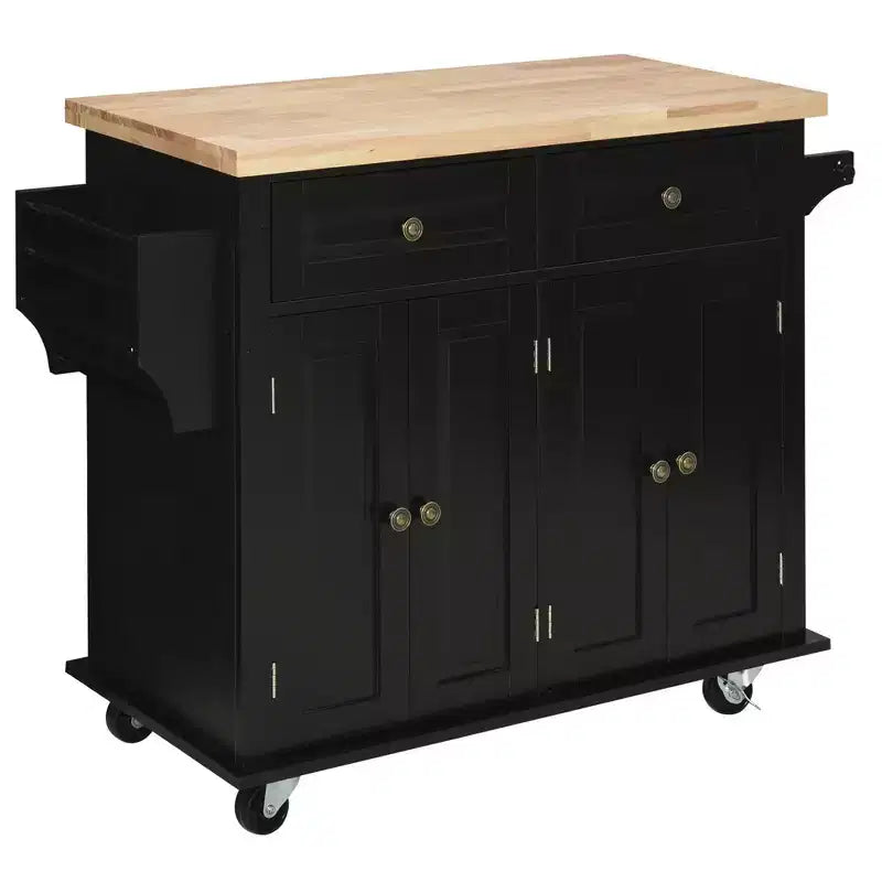 Isola per Cucina Okak Farmhouse con Piano in Legno di Caucciù, Carrello da Cucina con Porta Spezie, Porta Asciugamani e Cassetti, Organizer da Appoggio per Cucina