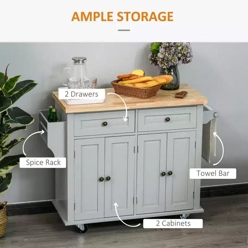 Isola per Cucina Okak Farmhouse con Piano in Legno di Caucciù, Carrello da Cucina con Porta Spezie, Porta Asciugamani e Cassetti, Organizer da Appoggio per Cucina