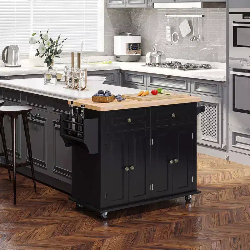 Isola per Cucina Okak Farmhouse con Piano in Legno di Caucciù, Carrello da Cucina con Porta Spezie, Porta Asciugamani e Cassetti, Organizer da Appoggio per Cucina