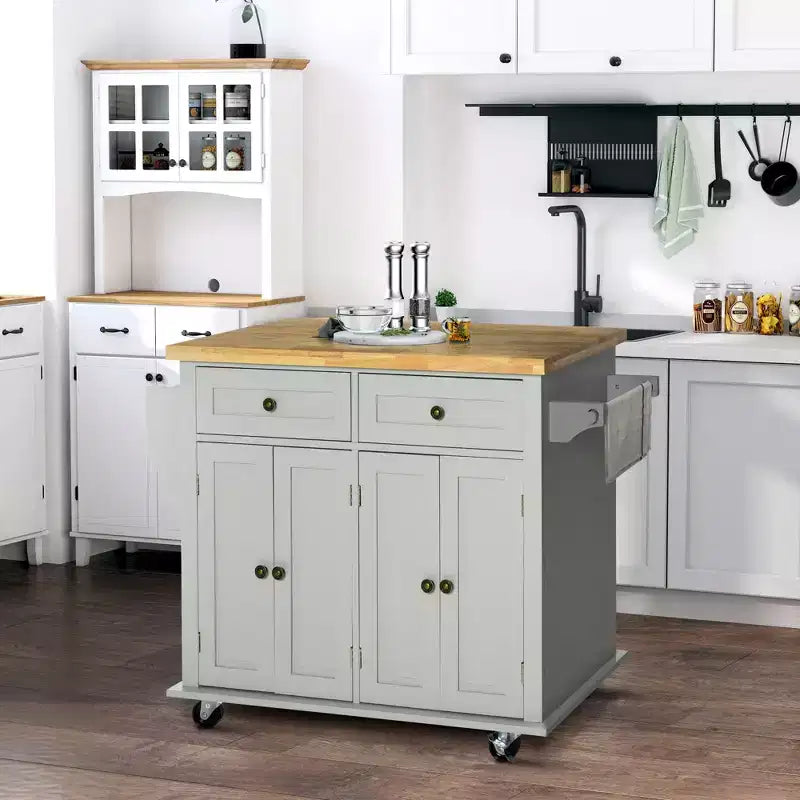 Okak Farmhouse Kitchen Island with Rubberwood Top, Kitchen Cart with Spice Rack, Towel Rack and Drawers, Countertop Organizer for Kitchen
