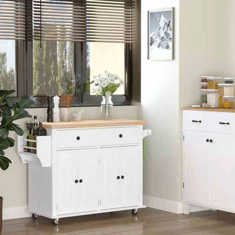 Isola per Cucina Okak Farmhouse con Piano in Legno di Caucciù, Carrello da Cucina con Porta Spezie, Porta Asciugamani e Cassetti, Organizer da Appoggio per Cucina