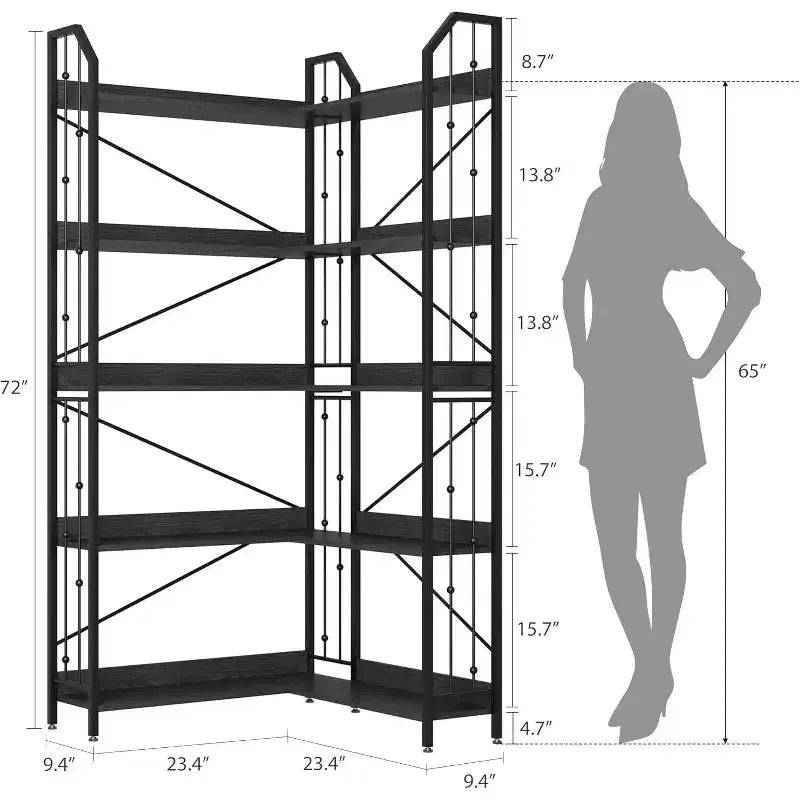 Libreria angolare a forma di L, scaffale angolare a cinque ripiani in stile industriale a forma di L con decorazioni a perline adatto per soggiorni