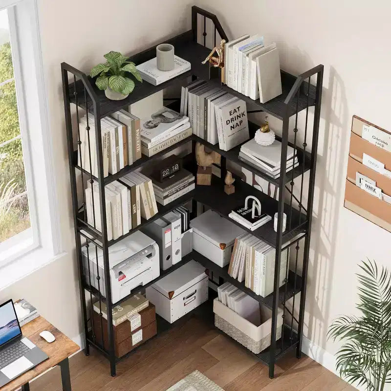 Libreria angolare a forma di L, scaffale angolare a cinque ripiani in stile industriale a forma di L con decorazioni a perline adatto per soggiorni