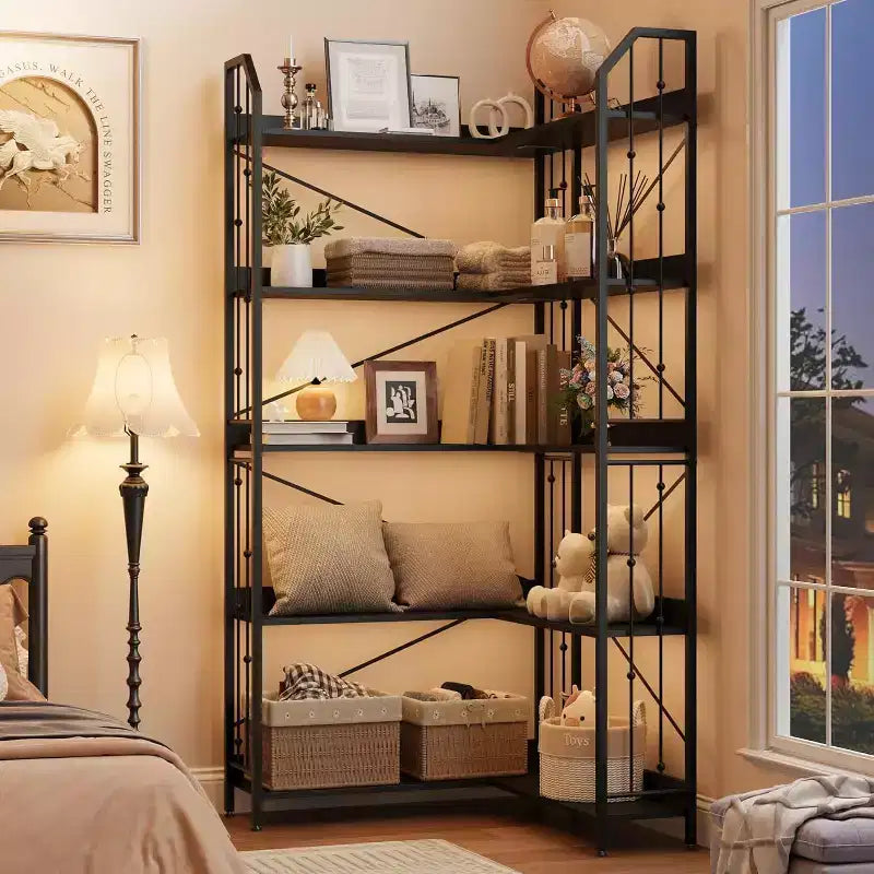 Libreria angolare a forma di L, scaffale angolare a cinque ripiani in stile industriale a forma di L con decorazioni a perline adatto per soggiorni