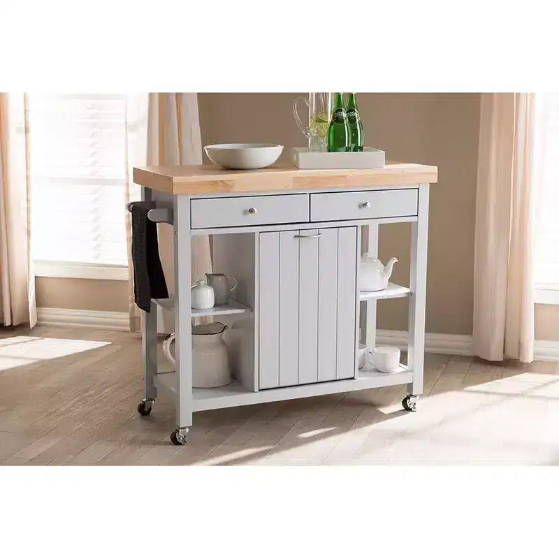 Carrelli da cucina HomeStock in legno di gomma da 35 pollici di altezza con 1 anta e 4 ripiani