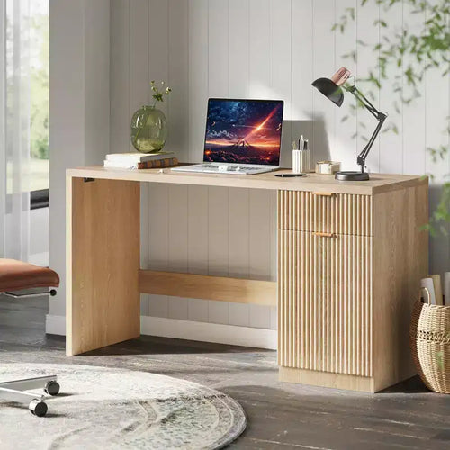 Scrivania direzionale da 150 cm con contenitore, moderna scrivania per ufficio domestico con cassetti e armadietti, scrivanie per computer in legno scanalato, postazione di lavoro, tavolo da conferenza, per scrittura