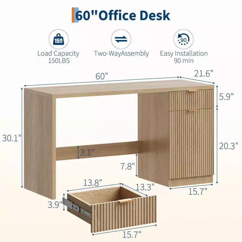 Scrivania direzionale da 150 cm con contenitore, moderna scrivania per ufficio domestico con cassetti e armadietti, scrivanie per computer in legno scanalato, postazione di lavoro, tavolo da conferenza, per scrittura